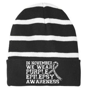 In November We Wear Purple Epilepsy Awareness Month Striped Beanie with Solid Band