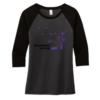 In November We Wear Violet Alzheimer Awareness Women's Tri-Blend 3/4-Sleeve Raglan Shirt