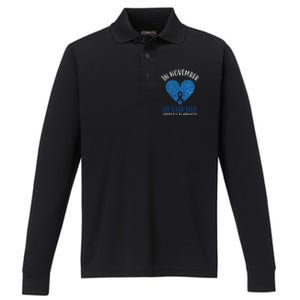 In November We Wear Blue Diabetes Awareness Heart Ribbon Performance Long Sleeve Polo