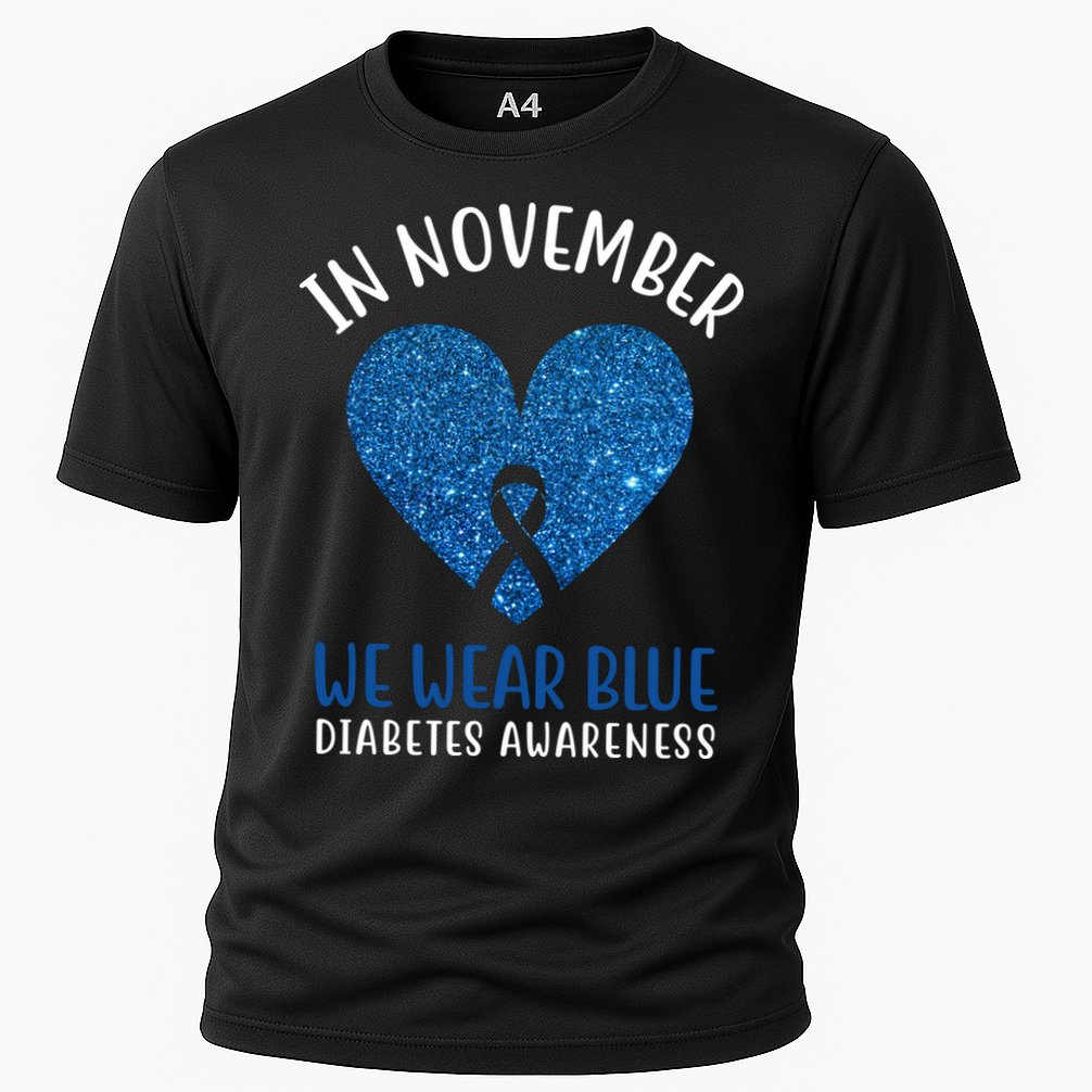 In November We Wear Blue Diabetes Awareness Heart Ribbon Cooling Performance Crew T-Shirt