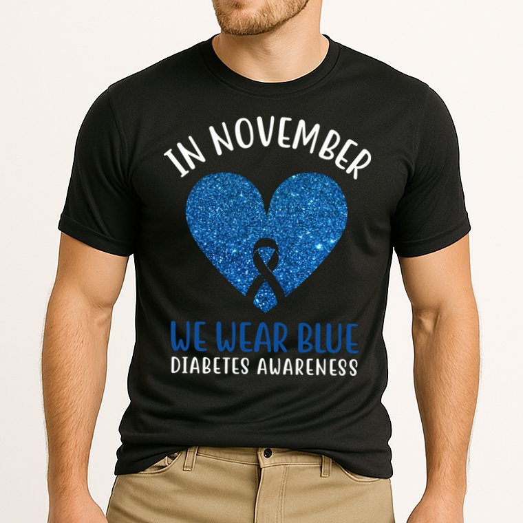 In November We Wear Blue Diabetes Awareness Heart Ribbon Cooling Performance Crew T-Shirt