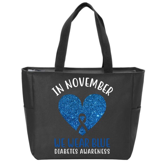 In November We Wear Blue Diabetes Awareness Heart Ribbon Zip Tote Bag