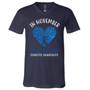 In November We Wear Blue Diabetes Awareness Heart Ribbon V-Neck T-Shirt