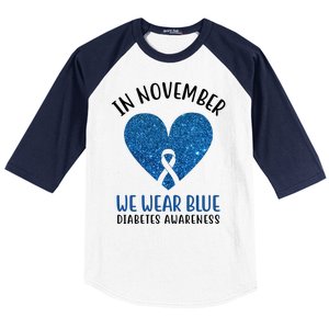 In November We Wear Blue Diabetes Awareness Heart Ribbon Baseball Sleeve Shirt