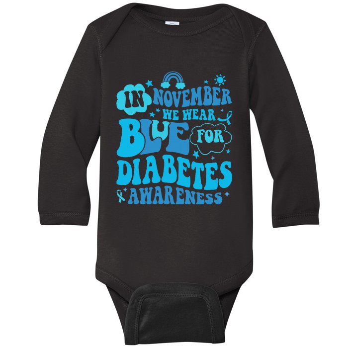 In November We Wear Blue Rainbow Ribbon Diabetes Awareness Baby Long Sleeve Bodysuit