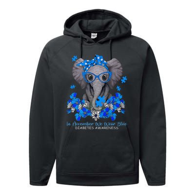 In November We Wear Blue Elephant Diabetes Awareness Gifts Performance Fleece Hoodie