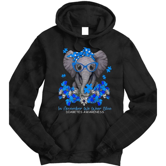 In November We Wear Blue Elephant Diabetes Awareness Gifts Tie Dye Hoodie