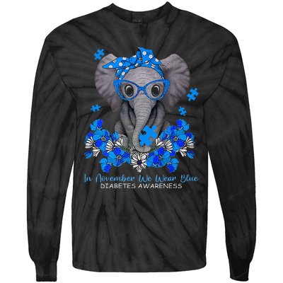 In November We Wear Blue Elephant Diabetes Awareness Gifts Tie-Dye Long Sleeve Shirt