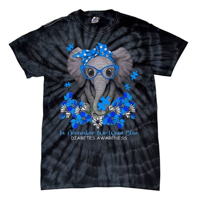 In November We Wear Blue Elephant Diabetes Awareness Gifts Tie-Dye T-Shirt