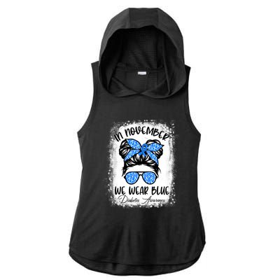 In November We Wear Blue Messy Bun Diabetes Awareness Ladies PosiCharge Tri-Blend Wicking Draft Hoodie Tank