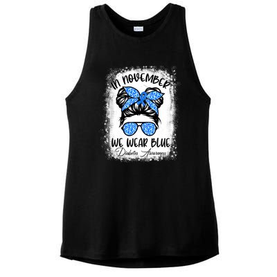 In November We Wear Blue Messy Bun Diabetes Awareness Ladies PosiCharge Tri-Blend Wicking Tank