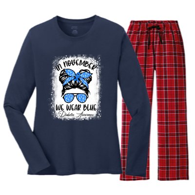 In November We Wear Blue Messy Bun Diabetes Awareness Women's Long Sleeve Flannel Pajama Set 