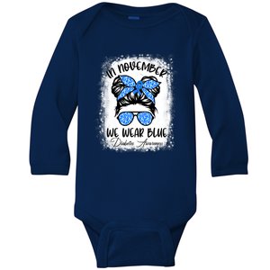 In November We Wear Blue Messy Bun Diabetes Awareness Baby Long Sleeve Bodysuit