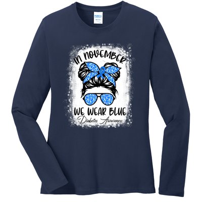 In November We Wear Blue Messy Bun Diabetes Awareness Ladies Long Sleeve Shirt