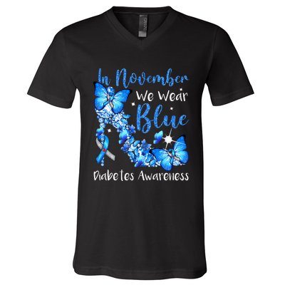 In November We Wear Blue Butterflies Diabetes Awareness V-Neck T-Shirt