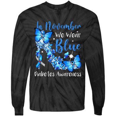 In November We Wear Blue Butterflies Diabetes Awareness Tie-Dye Long Sleeve Shirt