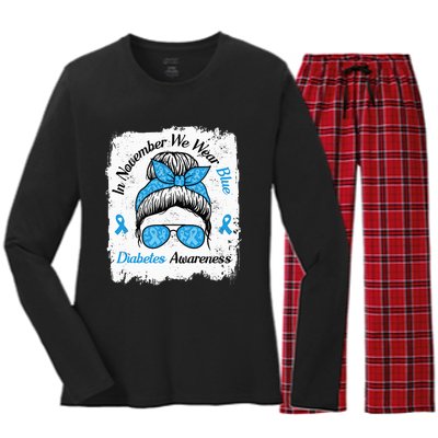 In November We Wear Blue Messy Hair Type Diabetes Awareness Women's Long Sleeve Flannel Pajama Set 