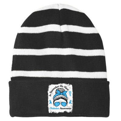 In November We Wear Blue Messy Hair Type Diabetes Awareness Striped Beanie with Solid Band