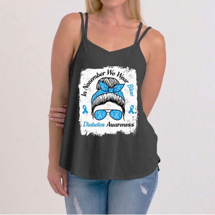 In November We Wear Blue Messy Hair Type Diabetes Awareness Women's Strappy Tank