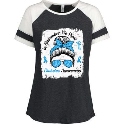 In November We Wear Blue Messy Hair Type Diabetes Awareness Enza Ladies Jersey Colorblock Tee