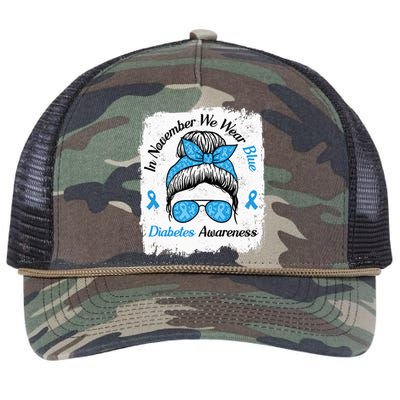 In November We Wear Blue Messy Hair Type Diabetes Awareness Retro Rope Trucker Hat Cap