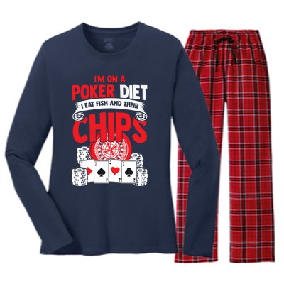 I'm on a poker diet I eat fish and their chips cards Women's Long Sleeve Flannel Pajama Set 