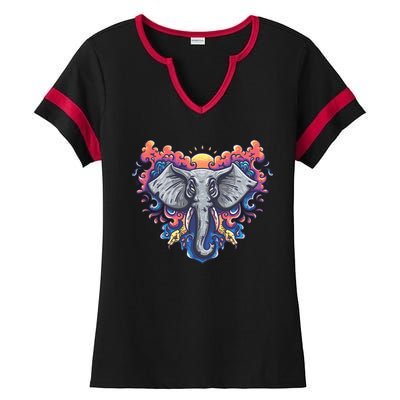 Illustration Of An Elephant Sunrise Ladies Halftime Notch Neck Tee