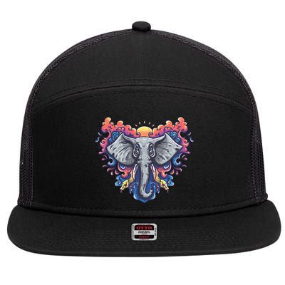 Illustration Of An Elephant Sunrise 7 Panel Mesh Trucker Snapback Hat