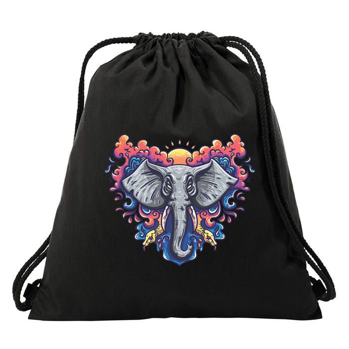 Illustration Of An Elephant Sunrise Drawstring Bag