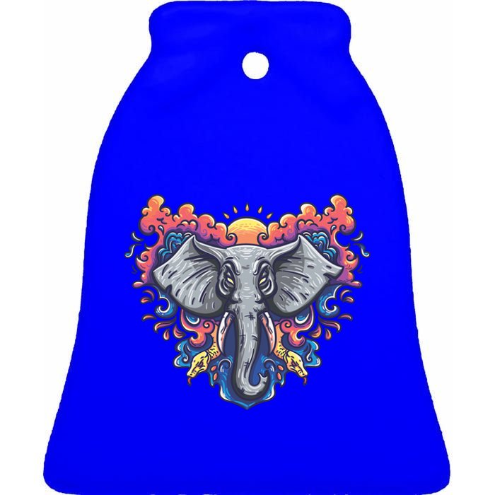 Illustration Of An Elephant Sunrise Ceramic Bell Ornament