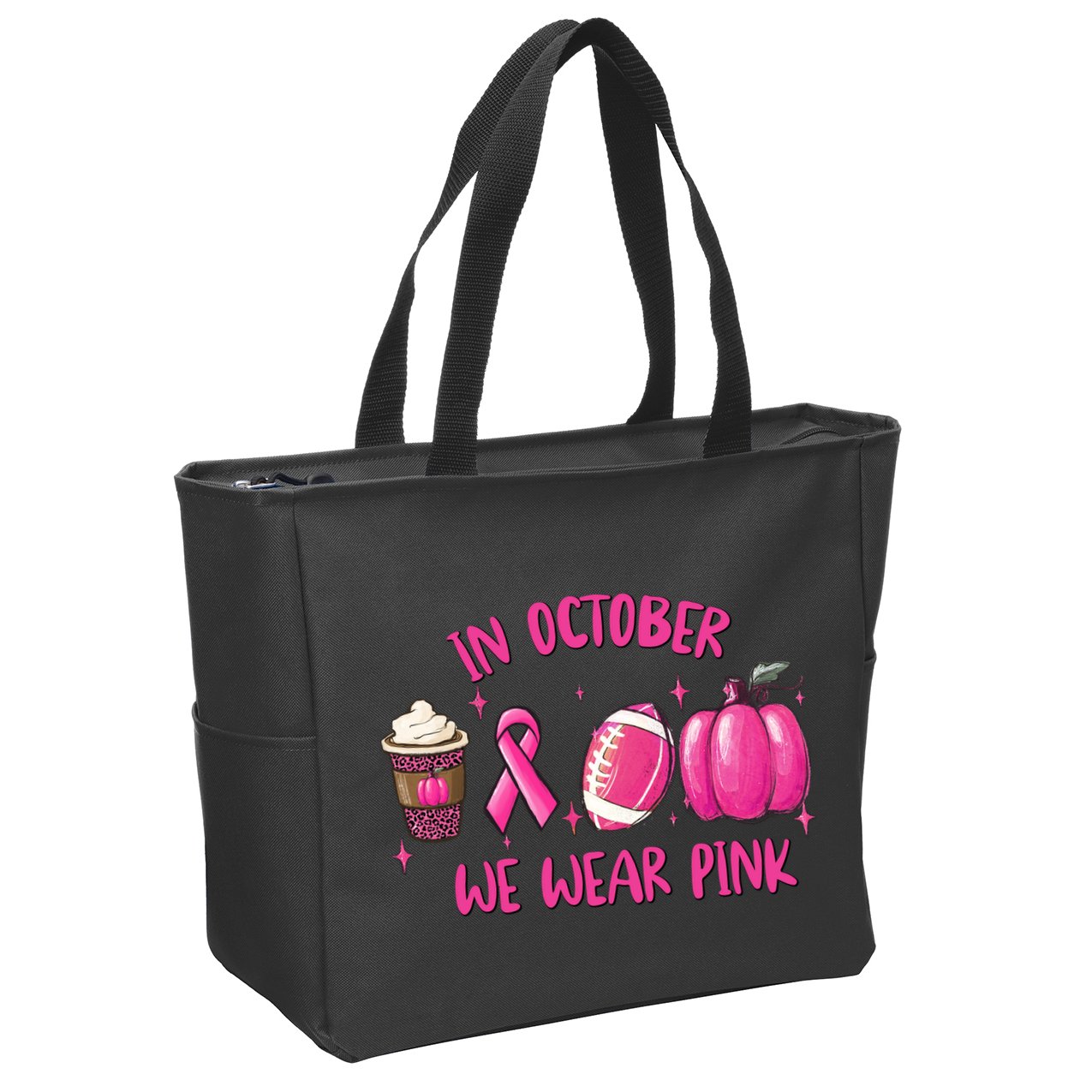 In October Breast Cancer Football Oktoberfest Halloween Zip Tote Bag