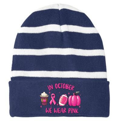 In October Breast Cancer Football Oktoberfest Halloween Striped Beanie with Solid Band