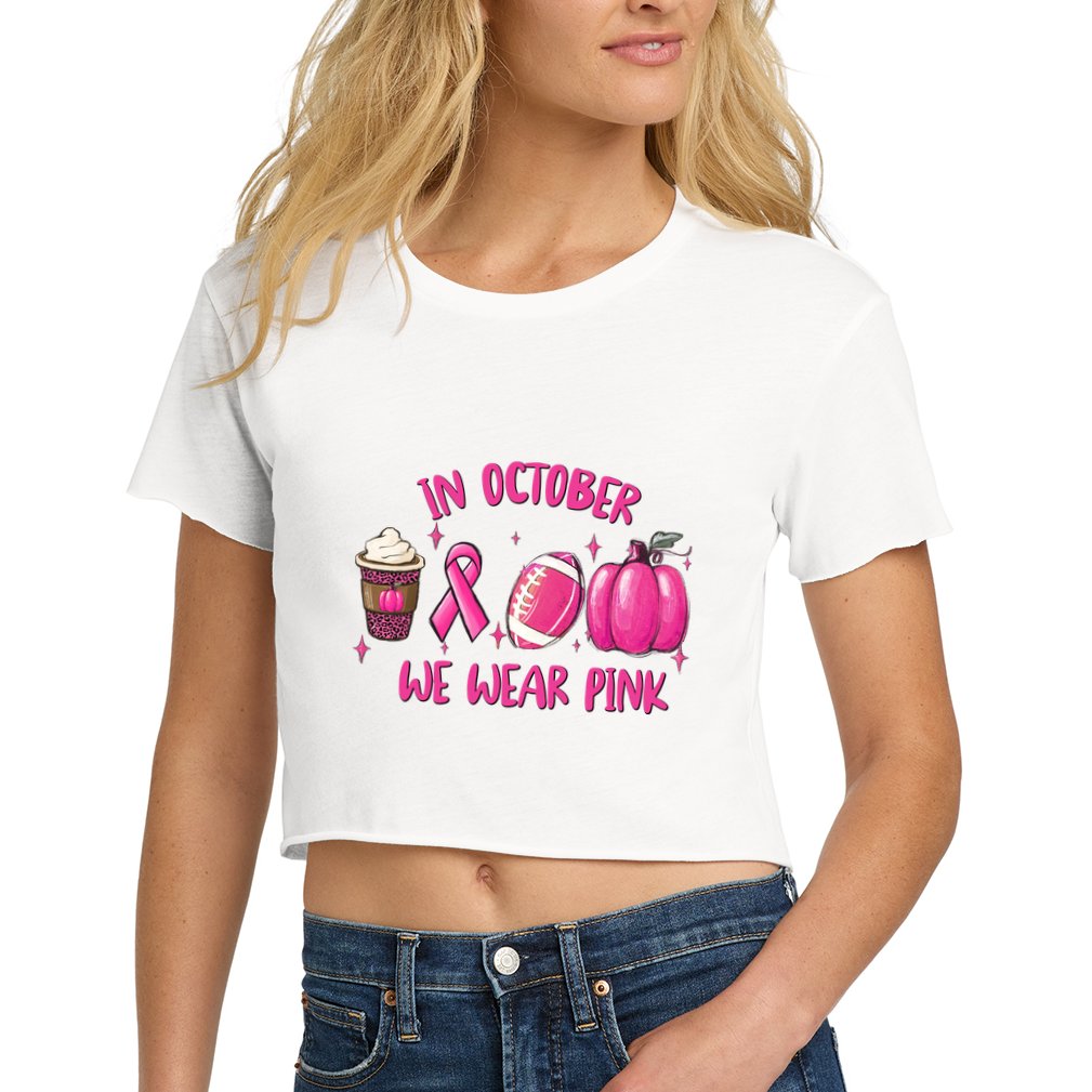 In October Breast Cancer Football Oktoberfest Halloween Women's Crop Top Tee