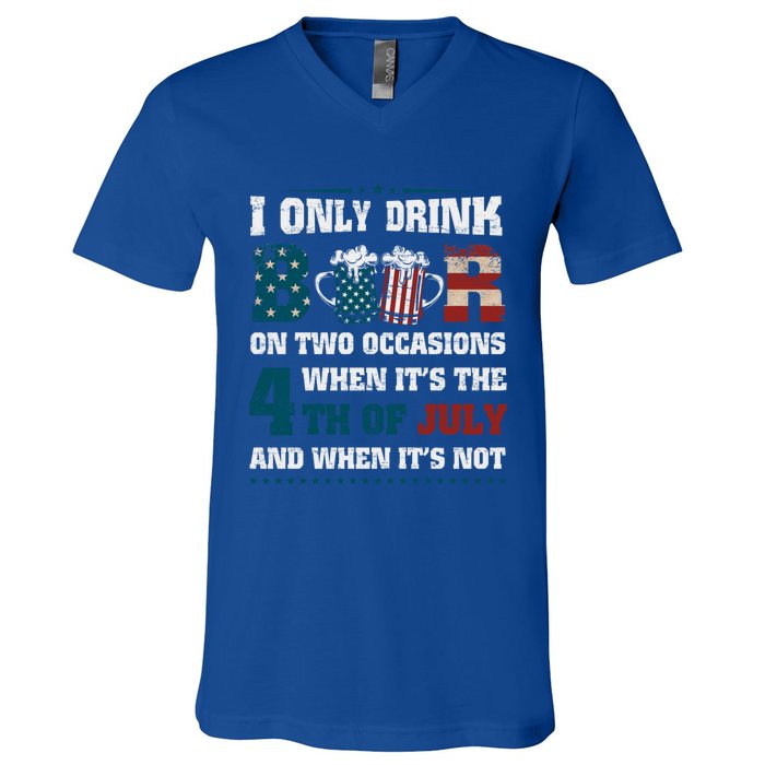 I Only Beer On Two Occasions Retro Us Flag 4th Of July Great Gift V-Neck T-Shirt