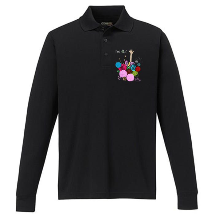 IM Ok Crochet And Knitting Funny Crocheting Performance Long Sleeve Polo