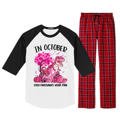 In October Even Dinosaur Wear Pink Ribbon Breast Cancer Gift Raglan Sleeve Pajama Set