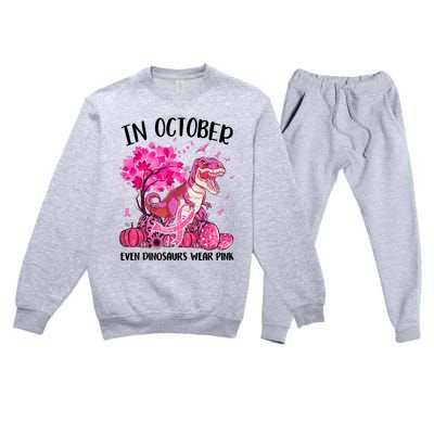 In October Even Dinosaur Wear Pink Ribbon Breast Cancer Gift Premium Crewneck Sweatsuit Set