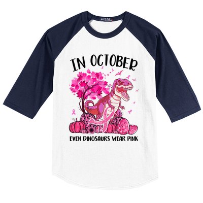 In October Even Dinosaur Wear Pink Ribbon Breast Cancer Gift Baseball Sleeve Shirt