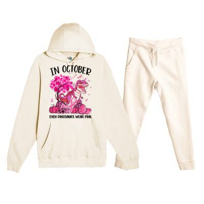 In October Even Dinosaur Wear Pink Ribbon Breast Cancer Gift Premium Hooded Sweatsuit Set