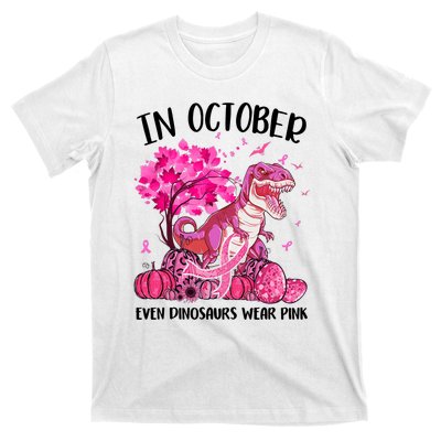 In October Even Dinosaur Wear Pink Ribbon Breast Cancer Gift T-Shirt