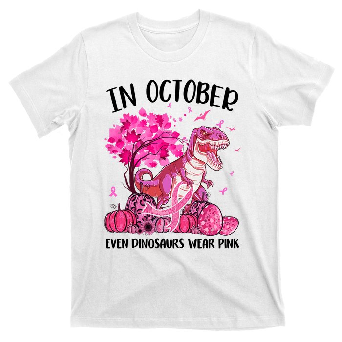 In October Even Dinosaur Wear Pink Ribbon Breast Cancer Gift T-Shirt