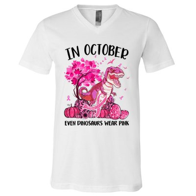 In October Even Dinosaur Wear Pink Ribbon Breast Cancer Gift V-Neck T-Shirt