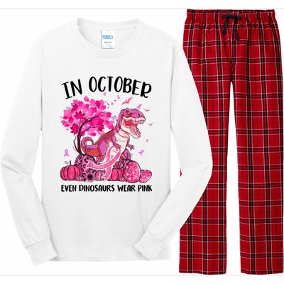 In October Even Dinosaur Wear Pink Ribbon Breast Cancer Gift Long Sleeve Pajama Set