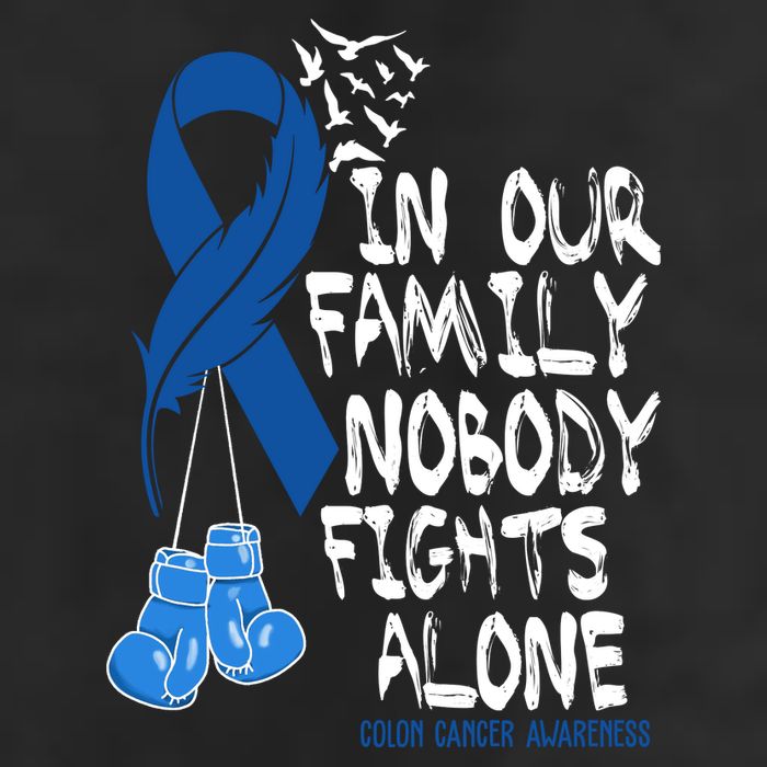 In Our Family Nobody Fights Alone Colon Cancer Awareness 7 Panel Mesh Trucker Snapback Hat