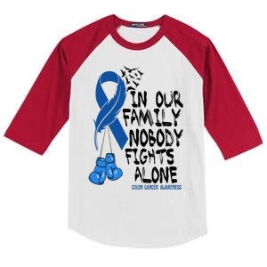 In Our Family Nobody Fights Alone Colon Cancer Awareness Kids Colorblock Raglan Jersey