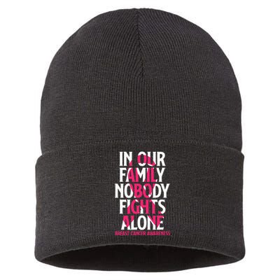 In Our Family Nobody Fights Alone Breast Cancer Awareness Sustainable Knit Beanie