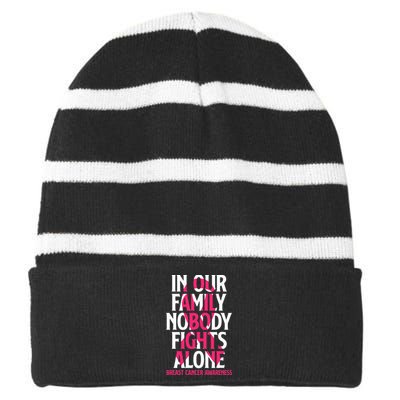 In Our Family Nobody Fights Alone Breast Cancer Awareness Striped Beanie with Solid Band