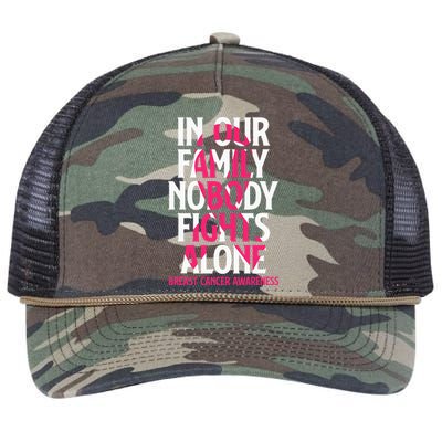 In Our Family Nobody Fights Alone Breast Cancer Awareness Retro Rope Trucker Hat Cap