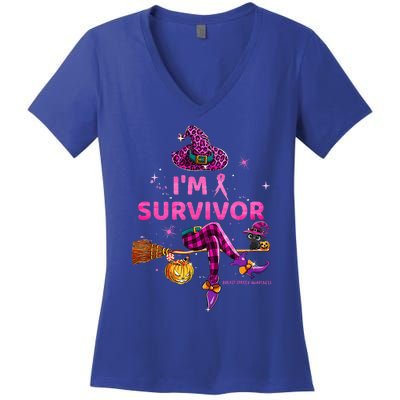 In October IM Survivor We Wear Pink Breast Cancer Women's V-Neck T-Shirt