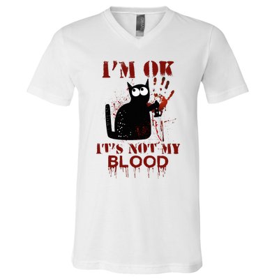 IM Ok ItS Not My Blood Black Cat Knife V-Neck T-Shirt